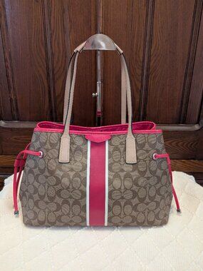 Coach Signature Pink Stripe Large Drawstring Carryall Purse